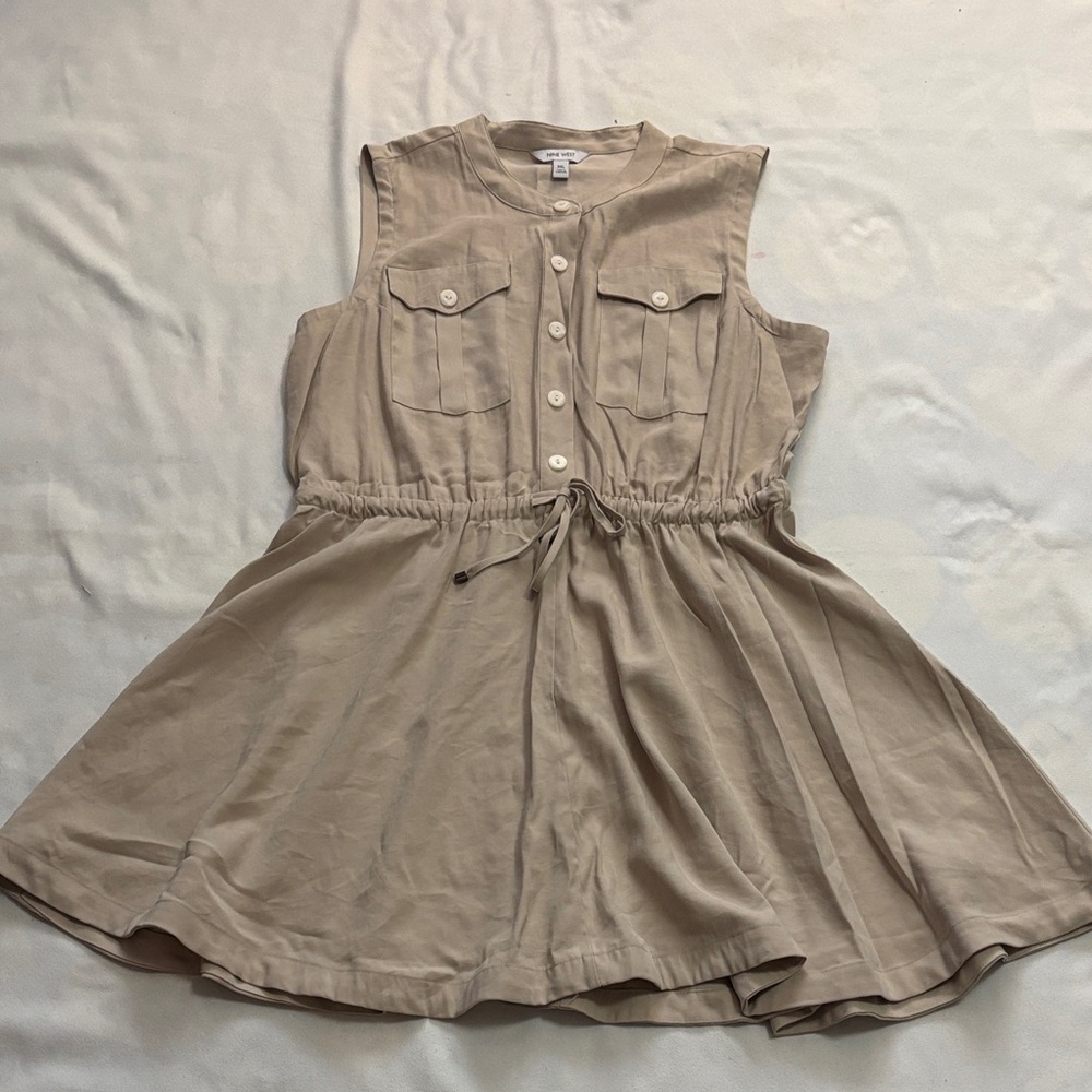 Nine West Sleeveless Drawstring Waist Dress in Beige